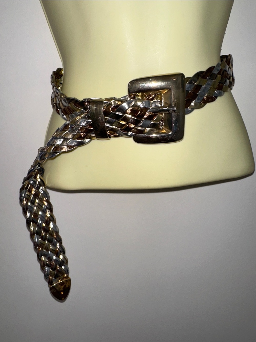 Vintage Woven Metallic Gold,‎ Silver & Bronze Belt with large gold buckle